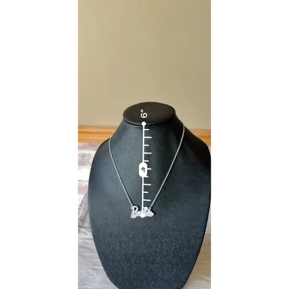 Barbie-Inspired Silver Rhinestone Pendant Necklace Script Logo With Chain - Picture 9 of 10